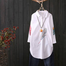 Blusa longa bordada de algodão plus size, blusas femininas casuais de penas manga 3/4 tops soltos de arte para mulheres camisas de botão femininas 2024 - compre barato