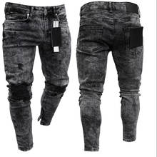 2020 Men's Hot High -Elastic Skinny Jeans Black Ripped Biker Jeans Men's Foot Mouths Zipper Jogging Casual Pencil Long Pants 2024 - купить недорого