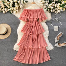Women Sexy Pleated Dress Vestidos Summer Off Shoulder Ruffles Layer Midi Dresses Ladies Elegant Boho Dress Chiffon Long Robe 2024 - buy cheap