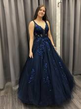Vestido de fiesta azul marino con apliques de flores, vestido de fiesta Formal de tul con cuello de pico doble, línea A, 2021 2024 - compra barato