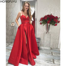 HONGFUYU-Vestidos largos de satén sin mangas, ropa de noche barata, Formal, con abertura, rojo, largo, con bolsillos 2024 - compra barato