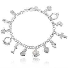 2020 925 Sterling Silver 13 Charms Cross Lock Key Heart Star Moon Flower Zircon Bracelet Bangle Women's Fine Jewelry Accessories 2024 - buy cheap