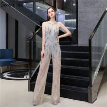 Serene Hill Champagne Grey Straight Sleeveless Sequined Sexy Jumpsuit Luxury Evening Dresses 2022 O-Neck Formal BLA70239 2024 - buy cheap