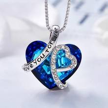 I Love You Forever Heart Pendant Necklace For Women With Blue Crystals Jewelry Female Elegant Blue Crystals Heart Necklace 2024 - buy cheap
