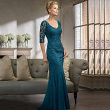 2021 New Arrival Teal Blue Lace Applique Deep V Neck Mother of the Bride Dresses With Three Quarter Sleeve Wedding Party Gowns 2024 - buy cheap
