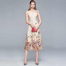 Vestido de malla de pasarela para mujer, moda de verano, lujoso, Vintage, bordado de flores, cuello redondo, 2021 2024 - compra barato