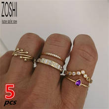 5 pçs/sets roxo cristal coroa boêmio anéis geométricos conjuntos junta contas onda seta anéis de ouro para mulher jóias acessórios 2024 - compre barato