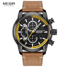 Megir relógio masculino de couro marrom, casual luxuoso com cronógrafo de quartzo, militar esportivo à prova d'água luminoso de pulso 2104 2024 - compre barato