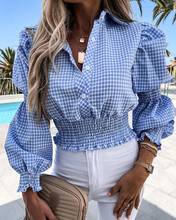 2021 Летняя женская Повседневная рубашка на пуговицах с отложным воротником Топы с рукавами-фонариками рубашка в синюю клетку 2024 - купить недорого