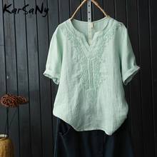 Karsany blusa de linho feminina plus size, camisas de linho de algodão para mulheres, blusas soltas e bordadas com gola v de verão 2024 - compre barato