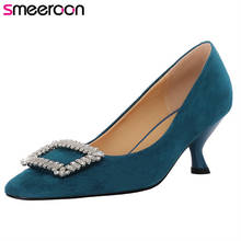 Smeeroon 2021 elegante vestido de festa sapatos de casamento bombas femininas camurça couro dedo do pé redondo cristal saltos finos único sapatos senhoras 2024 - compre barato