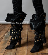 Sexy Cross Ropes Chunky Heel Rivets Long Boots Woman Fashion Black Suede Lace-up Tassels Knee High Boots Lady Studded Thick Heel 2024 - buy cheap