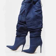 10cm High Heeled Pointed Toe Over The Knee Fashion Lace Up Dark Blue Denim Jeans Woman Over The Knee Thigh High Boots Long Botas 2024 - buy cheap