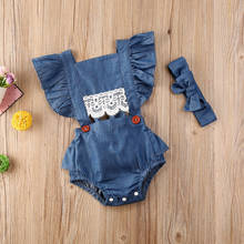 Summer New Princess Lace Denim Baby Girls Clothes Romper Cotton Ruffle Sleeveless Toddler Infant Jumpsuit+Headband 2pcs Suit 2024 - buy cheap