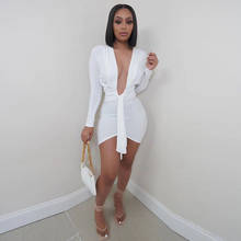 Long Sleeve Deep V Neck Spring Summer Wrap Ruched Bodycon dress Women Sexy Bandage Elegant Short Mini Party Dress black white 2024 - buy cheap