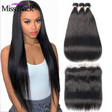 Miss-mechones de pelo ondulado brasileño negro, cabello humano liso con cierre Frontal de encaje suizo 13x4, oferta Frontal 2024 - compra barato