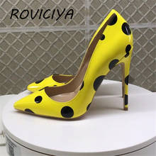 Yellow with black dot 12cm high heel stiletto shallow pointed toe sexy shoes party nightclub women's shoes QP071 ROVICIYA 2024 - buy cheap