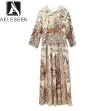 AELESEEN 100% Cotton Women Dress 2021 High Quality Designer Spring Sumer Flower Print Beige Black With Belt Elegant Long Dress 2024 - buy cheap