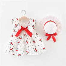 2Pcs/set Summer Baby Dress Cotton Cherry Print Bow Dress With Hat Outfits Princess Party Dress Baby Girl Clothes For 0-3T 2024 - buy cheap