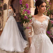 Lace Illusion V-neck Three Quarter Sleeve Wedding Dress 2021 Elegant  A-line With Train Back Zipper Vestido De Noiva Plus Size 2024 - buy cheap