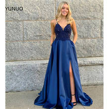 YUNUO Sleeveless A-line Satin Prom Formal Dress Pockets robe de soiree Spaghetti Straps Beading Lace Women's Evening Dresses 2024 - buy cheap