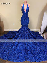 Azul real 3d flores trem sparkly lantejoulas longo sereia vestidos de baile 2020 sexy halter sem costas africano preto menina vestidos de noite 2024 - compre barato