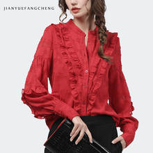 Fashion Embossing Floral Chiffon Top Women' Shirt Long Sleeve Loose Plus Size All-Match Ruffles Red Blouses 2021 New Work Wear 2024 - buy cheap