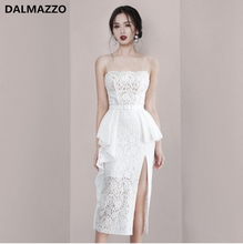 2021 Summer Designer Women Slash Neck Spaghetti Strap Beach Holiday Split Long Dress Ladies White Lace Sexy Vestidos Mujer XL 2024 - buy cheap