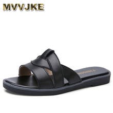 MVVJKE Summer women slippers slip on round toe flat slides beach sandals women white black leather slippers flip flops slippers 2024 - buy cheap