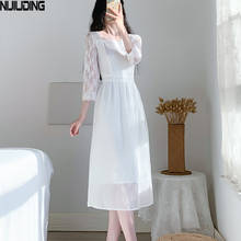 Vestido blanco de encaje de retazos para Mujer, elegante vestido de fiesta con manga de tres cuartos y cuello cuadrado, novedad de primavera y verano de 2021 2024 - compra barato