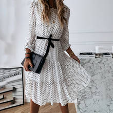 MOARCHO Casual White Polka Dot Chiffon Dress Woman Lantern Sleeve O-Neck High Waist A-Line Knee-Length Dress 2021 New Fashion 2024 - buy cheap