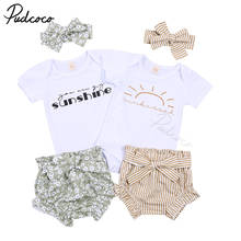 Infant Newborn Girls 3 Pcs Outfits Suits, Short Sleeve Printed Romper Tops + Stripe Shorts + Headband Sets 2024 - buy cheap