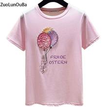 Camiseta de verano de alta calidad para mujer, remera con cuentas de dibujos animados, bonito conejo con lentejuelas, estampado de letras, camisetas para mujer 2024 - compra barato