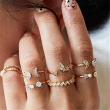 Huatang boho anéis de strass para as mulheres cor do ouro coração escultura onda cristal knukle anéis de casamento conjunto jóias anillos 2024 - compre barato