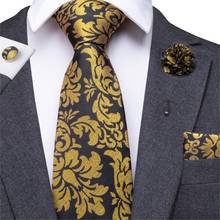 Hi-Tie Floral Ties for Men Black Gold Necktie Boutonniere Handkerchief Cufflinks Tie Set for Wedding Business Cravat Gift Box 2024 - buy cheap