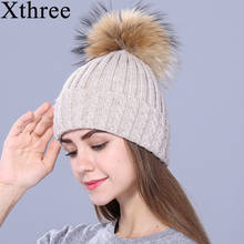 Xthree chapéu de malha de lã para mulheres, chapéu gorros de inverno de pele verdadeira, chapéu de pom para menina, gorro, boné feminino 2024 - compre barato