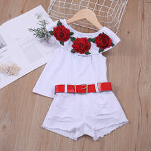 Conjunto de roupas de verão para meninas, sem mangas, decote único, blusa de flores com rosas + shorts rasgados, roupas brancas para meninas 2024 - compre barato