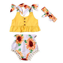 Tops cortos con volantes para niñas pequeñas, conjunto de diadema, pantalones cortos de girasol, 3M-24M 2024 - compra barato