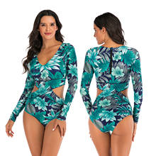 V Neck Long Sleeve Swimwear One Piece Swimsuit Women Zipper Monokini Rash Guard Sport Bodysuit Beach Hollowing Out Bathing Suit 2024 - buy cheap
