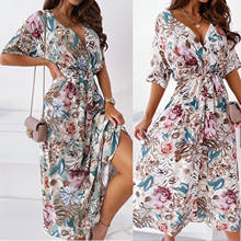 Summer Ruffles Long Beach Dress Women Floral Printed Boho Maxi Dresses Female A Line Short Sleeve Party Dress With Belt 2024 - buy cheap