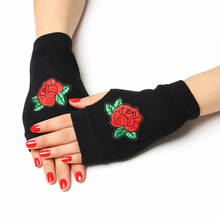 Women Girls Fingerless Gloves Fashion Rivet Rhinestone Flower Embroidery Black Gloves Warm Wool Knitted Half Finger Mittens 2024 - buy cheap