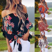 Women Slash Neck Blouse Tops Sexy Off Shoulder Floral Pinted Shirt Summer Casual Tie Knot Flare Sleeve Shirt Blouses Ladies 2024 - buy cheap