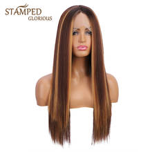 Stamped-Peluca de cabello sintético para mujer, cabellera larga y lisa con malla frontal, 13x2, parte media, color negro y marrón, fibra resistente al calor 2024 - compra barato