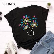 Jfunção y, camiseta de verão 100% algodão, feminina, plus size, estampa floral colorida, camisetas, manga curta, camiseta feminina solta, camiseta para mulheres 2024 - compre barato