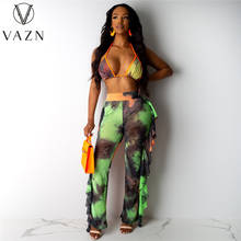 VAZN-Conjunto de Bikini de talla grande para mujer, conjunto de 2 piezas, Top de gasa, pantalón largo de pierna ancha, cintura alta, Europa y América, 2021 2024 - compra barato