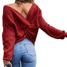 Solid Color V Neck Twisted Back Knot Sweater Women Long Sleeve Jumpers Pullover Girls knit Sweater 2024 - buy cheap