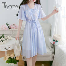 Trytree 2020 Summer Women Dress Casual V-neck Petal Sleeve Embroidery Flower Belt Fashion 2 Color A-line Knee-Length Dress 2024 - buy cheap