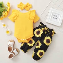 Conjunto de roupas para bebês meninas, roupas infantis para recém-nascidos, macacão com babado fofo + calças com estampa floral + tiara para primavera 2024 - compre barato