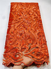 Tela de encaje africano con lentejuelas para mujer, tejido de malla francés bordado naranja con lentejuelas para vestido de novia y fiesta FYIN211 2024 - compra barato