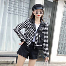 New 2020 Autumn Winter Fashion Tweed Patchwork PU Leather Short Coat Women Woolen Houndstooth Plaid Jacket 2024 - buy cheap